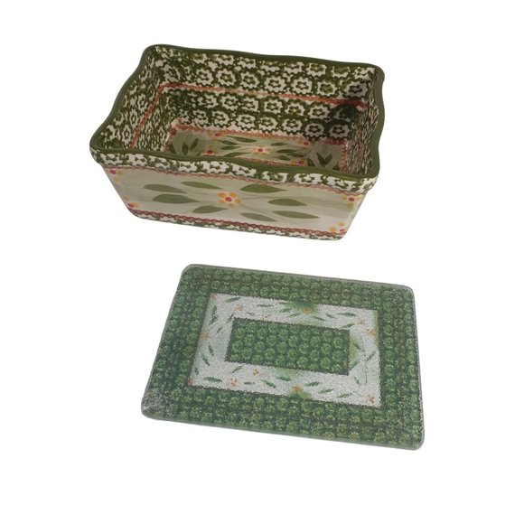 Temp Tations 1 Quart Old World Green Baking Dish Glass Plate Stand Cover - Picture 2 of 5